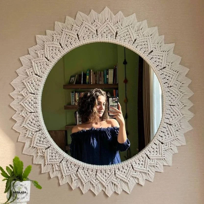 TIMJO Macrame wall Hanging mirror Home Decor, Boho Round Mirror.  (40 cm X 40 cm, OFF WHITE) - Best Price ₹300 at Flipkart