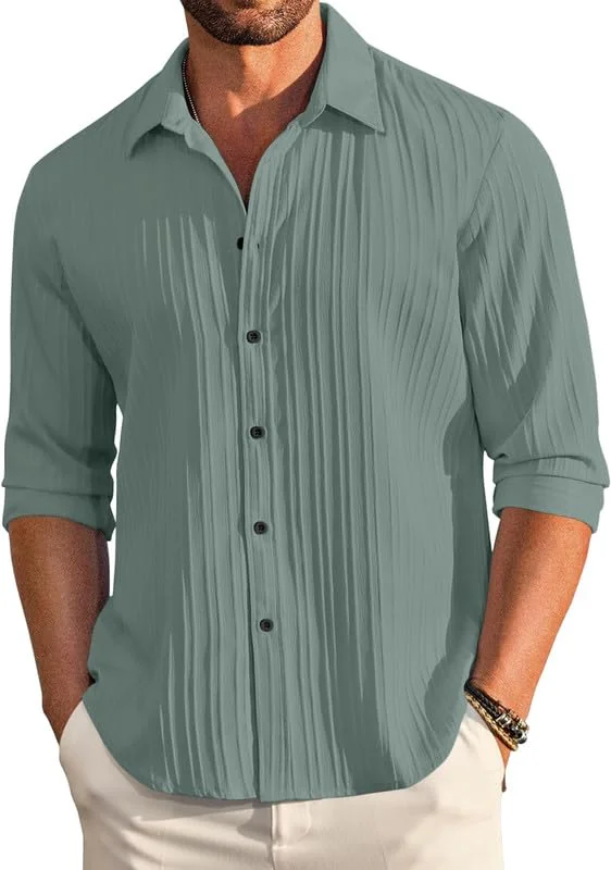 FINIVO FASHION Men's Casual Cotton Plain Button Down Shirt Long Sleeve Textured Summer Beach Shirt for Men