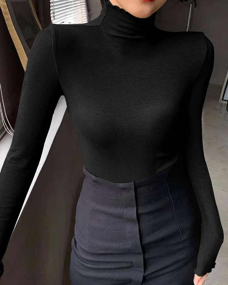 Solid High Neck Casual Women Wool Blend Black Sweater