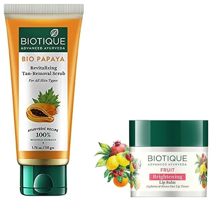 Biotique Bio Fruit Whitening Lip Balm, 12G And Biotique Bio Papaya Revitalizing Tan Removal Scrub, 50G - Best Price ₹215 at Amazon