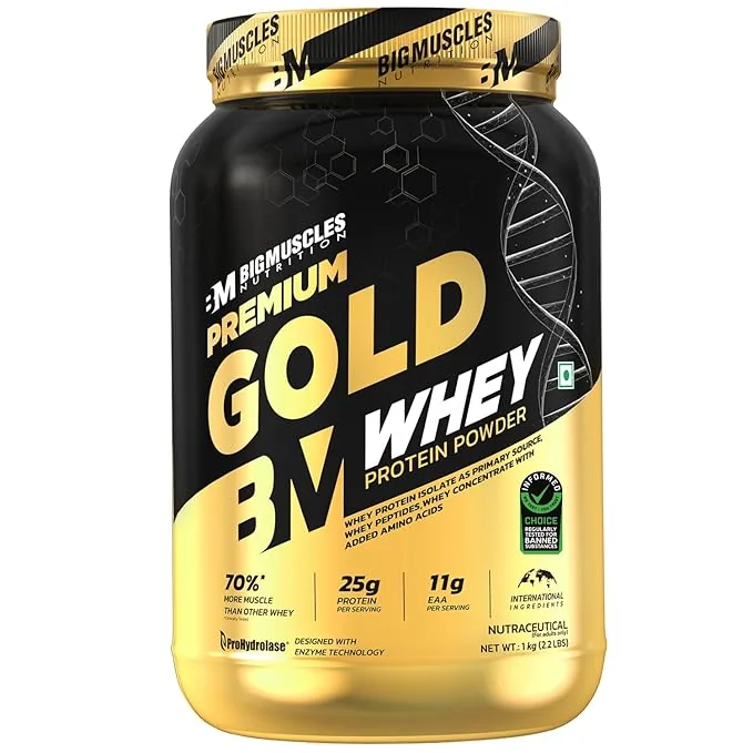 Bigmuscles Nutrition Premium Gold Whey [1Kg] | Informed Choice UK Certified | Isolate Whey Protein Blend | 25g Protein | 11g EAA | ProHydrolase Enzyme Technology [Chocolate] - Best Price ₹1299 at Amazon