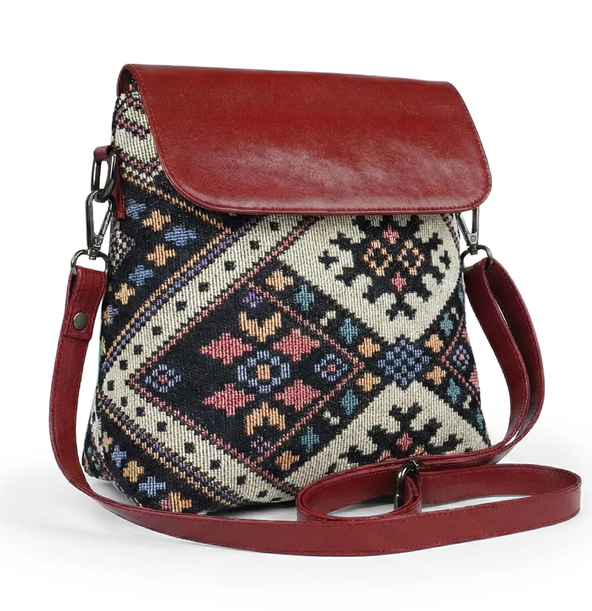 Ladies Flap Sling Bag - Women's Cross Body Zippered Bag in Printed Canvas and Vegan Leather