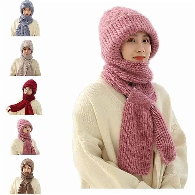 Women's 2-in-1 Integrated Hat & Scarf, Windproof Winter Woolen Cap with Ear Protection for Female, Cold-Resistant Fleece Lining, Soft & Comfortable for Winter Activities