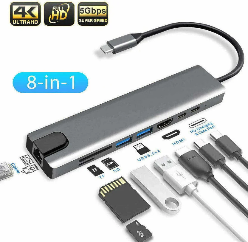 Foxne Point 8 in 1 Type C USB Hub With Gigabit Ethernet...