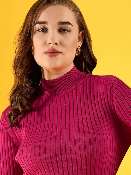 98 Degree North Women Self Design High Neck Pink Sweater - Best Price ₹751 at Flipkart