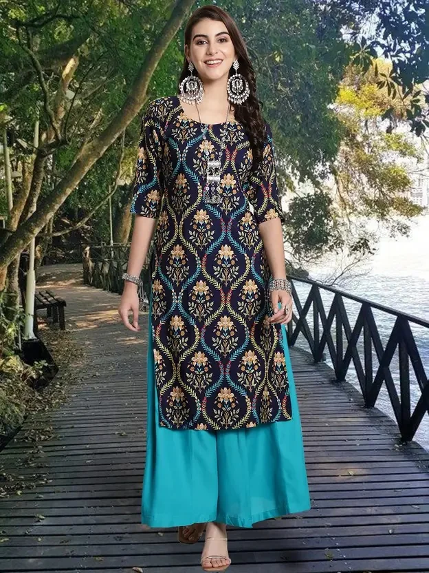 EthnicBasket Women Leheriya Crepe Straight Kurta  (Dark Blue)