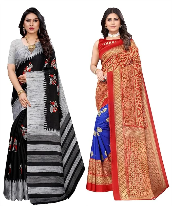 Yashika Women's Combo Art Silk Printed Saree With Blouse Piece Pack Of 2(NAURTA BLACK-METRO ROYAL BLUE) - Best Price ₹479 at Amazon