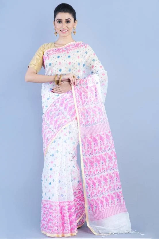SUSHRITA BOUTIQUE Printed Jamdani Cotton Silk Saree  (White)