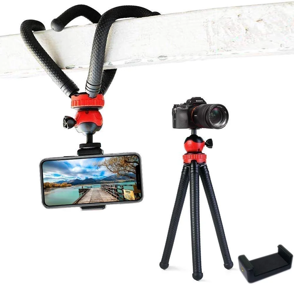 Adofys Flexible Gorillapod Tripod with 360° Rotating Ball Head Tripod for All DSLR Cameras(Max Load 1.5 kgs) & Mobile Phones + Free Heavy Duty Mobile Holder(Black) (12 Inch, Black and Red)