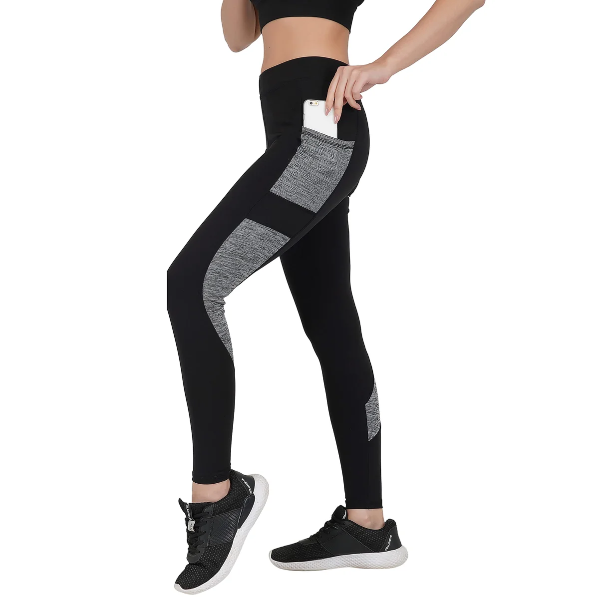 Imperative Women Quick Dry 4 Way Stretchable Gym Yoga Workout Sports Colorblock Tights with Side Phone Pockets | Outdoor Slim Fit Pants for Women | Women Leggings (Black Grey, X-Large)