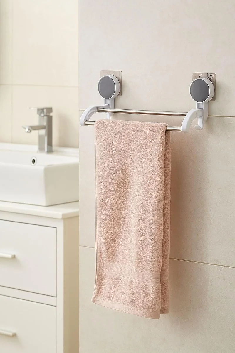 Leawall Self-Adhesive Double Towel Bar for Bathroom No Drill Wall Mounted Towel Rack with Stainless Steel Rods & Plastic Holders bathroom organiser without drill for Bathroom, Kitchen(10.5 Inch)