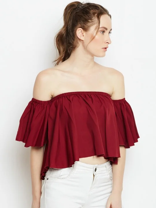 Maroon Ruffled Bardot Top - Best Price ₹219 at Myntra