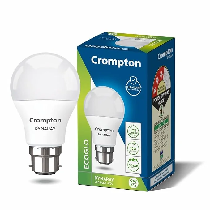 Crompton Dyna Ray LED Bulb | 9W | Cool Day Light | B22 LED | 180 Degree Coverage | 4kV Surge Protection | 440V High Voltage Protection | Pack of 1