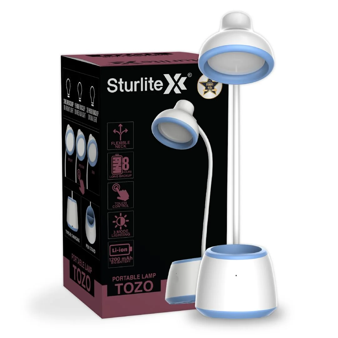 Sturlite Tozo 6W Rechargeable LED Table Lamp| (3 in 1) Dimmable Light| (4-6) Hrs Charging Time & (3-28) Hrs Li-ion Battery Backup Desk Lamp| Included Type-B Charging Cable with Adjustable Neck