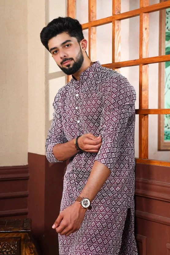 Koshin Men Printed Khadi Silk Straight Kurta  (Purple) - Best Price ₹480 at Flipkart
