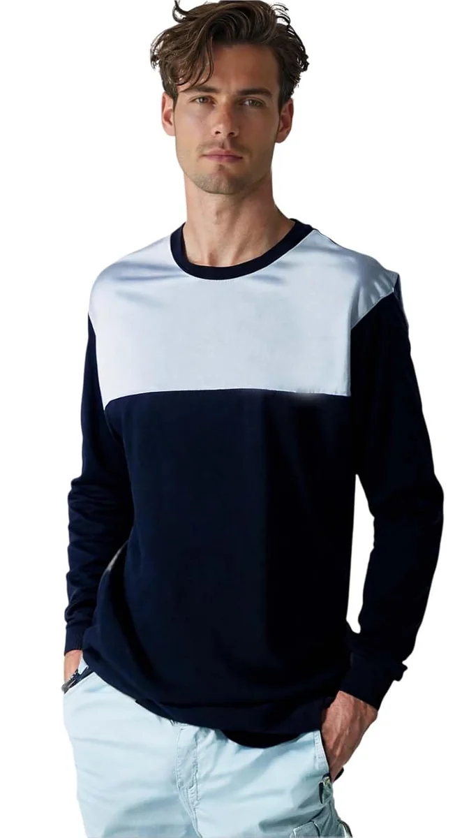 Jhakaas Men's Colour Block Long Sleeve Warm T-Shirt, Navy Blue and White Sweat Shirt, Cotton Blend fabic/Crew Neck Pullover/Sweater for Men and Women - Best Price ₹399 at Amazon