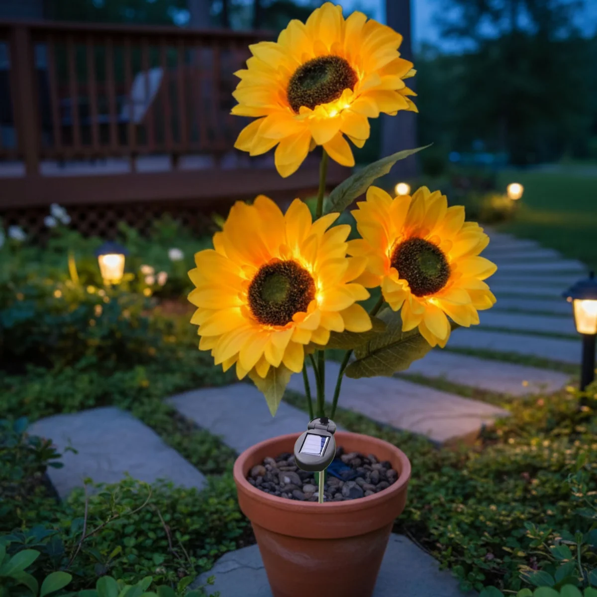 Homehop Solar Light Outdoor Garden Waterproof 30 Led 3 Sunflowers in One Plant Decoration Lamp for Outdoor, Landscape, Pathway, Balcony & Home Decor Automatic On/Off, (ABS, Pack of 1)
