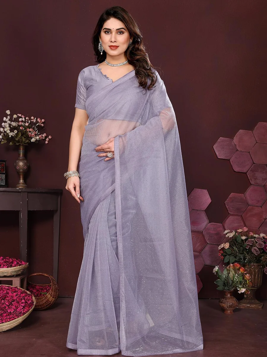Grey Embellished Net Sarees