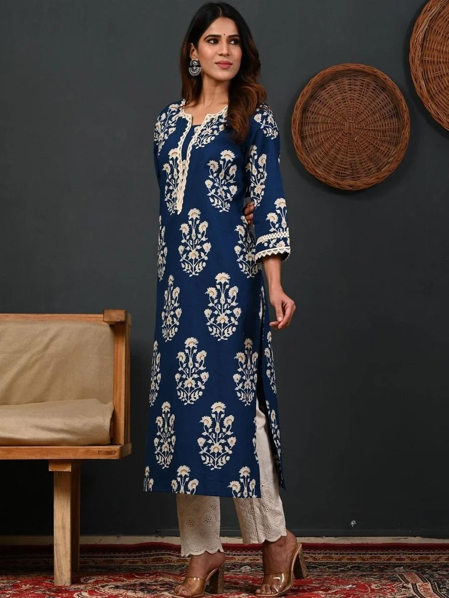 Floral Printed Boat Neck Pure Cotton Blend Kurti - Best Price ₹344 at Myntra