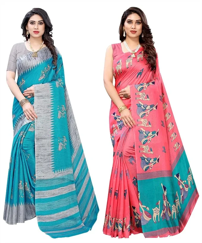 Yashika Women's Combo Art Silk Printed Saree With Blouse Piece Pack Of 2(NAURTA BLUE-MAITHALI PINK) - Best Price ₹494 at Amazon