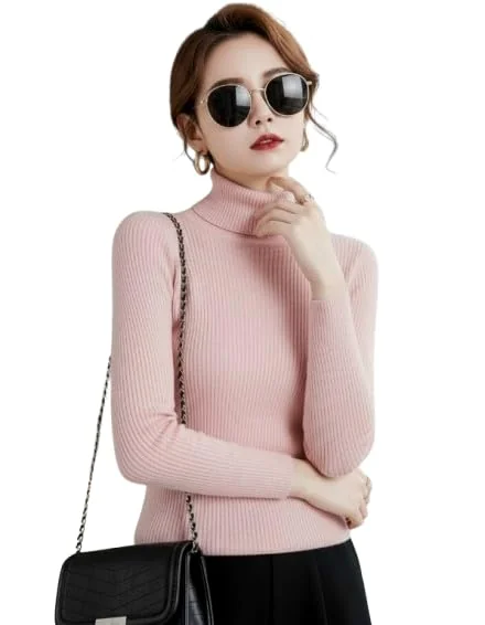 Women's Turtleneck Ribbed Sweater, Pink, Long Sleeve Winter Pullover Top, Slim Fit