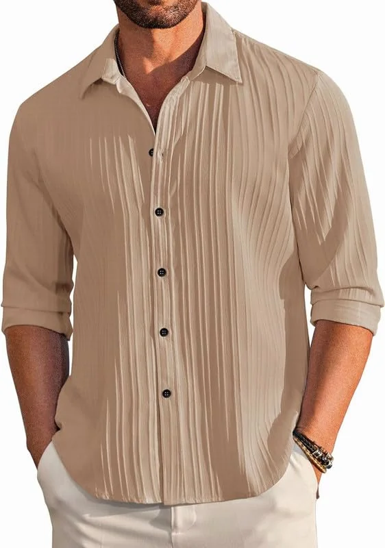 DEELMO Men's Casual Button Down Shirts Long Sleeve Linen Shirt Fashion Textured Beach Summer Shirt - Best Price ₹449 at Amazon