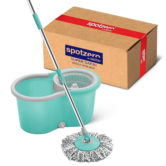 Spotzero By Milton Microfiber Wheely Spin Mop with Puller Handle, Bucket, Pocha for Floor Cleaning and Mopping System 360° Flexible,1 Microfiber Refills, Big Size, Aqua Green - Best Price ₹1519 at Amazon