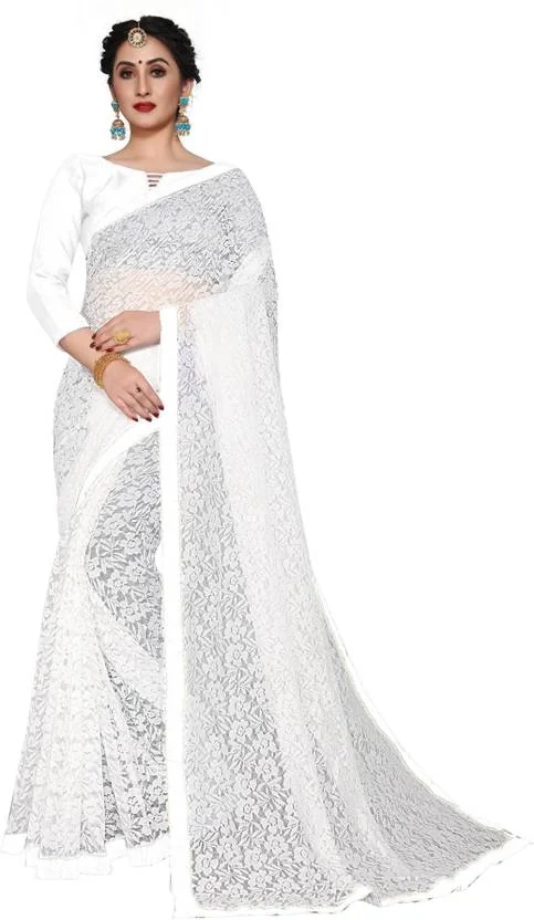 SAREEYA16 Self Design Bollywood Net, Jacquard Saree  (White)