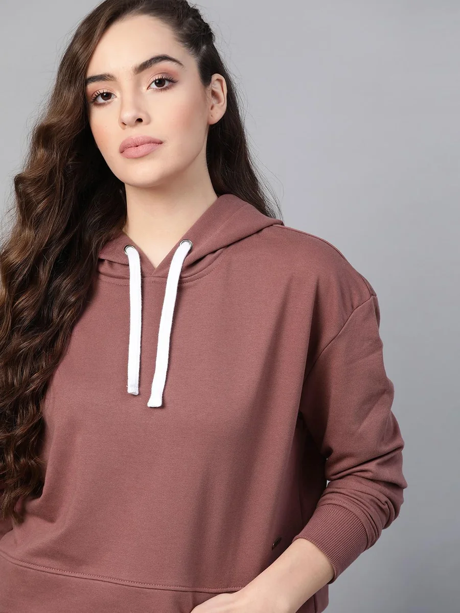 Women Mauve Solid Cropped  Hooded Sweatshirt - Best Price ₹599 at Myntra