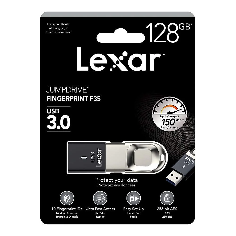 Lexar LJDF35-128BNL JumpDrive Fingerprint F35 128 GB USB 3.0 Flash Drive, Black/Silver