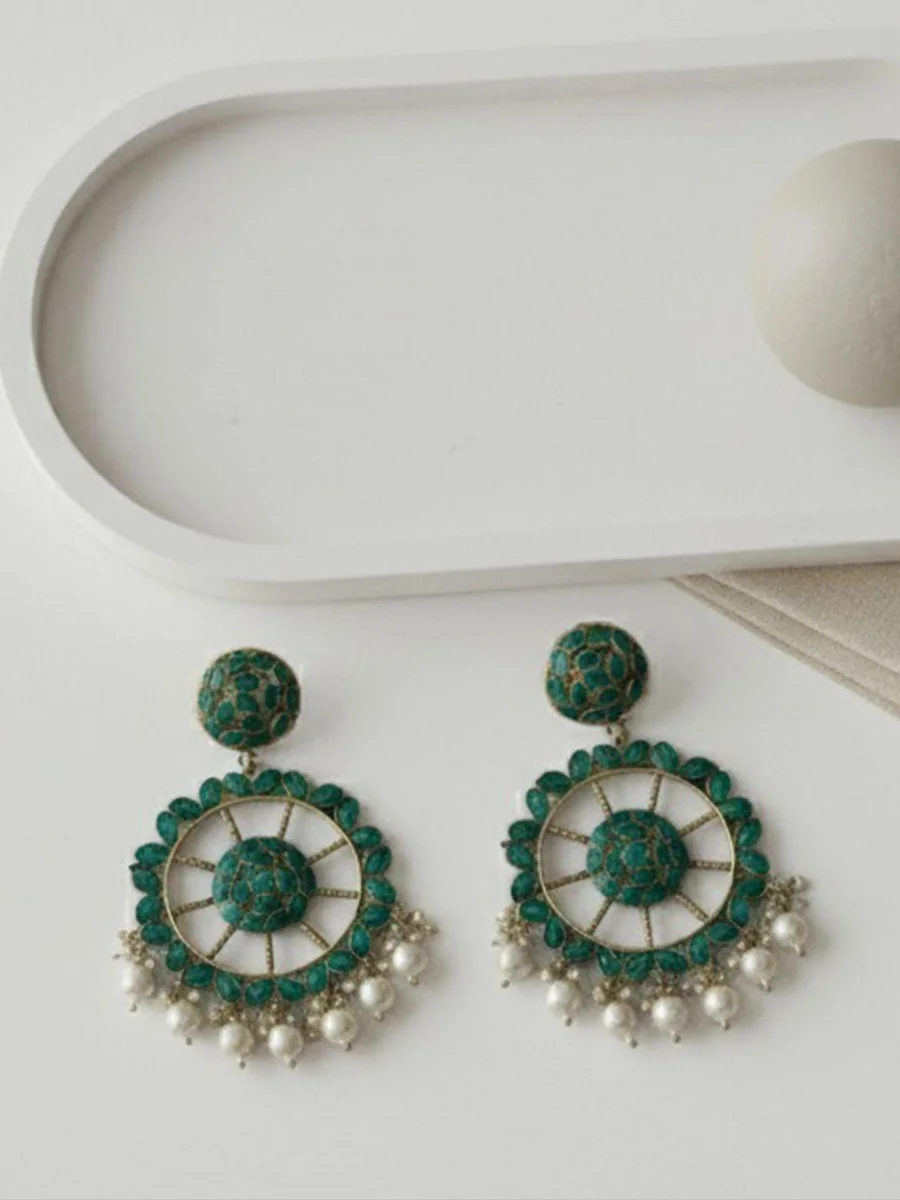 Gold-Plated Stones Studded & Pearls Beaded Antique Circular Shaped Drop Earrings