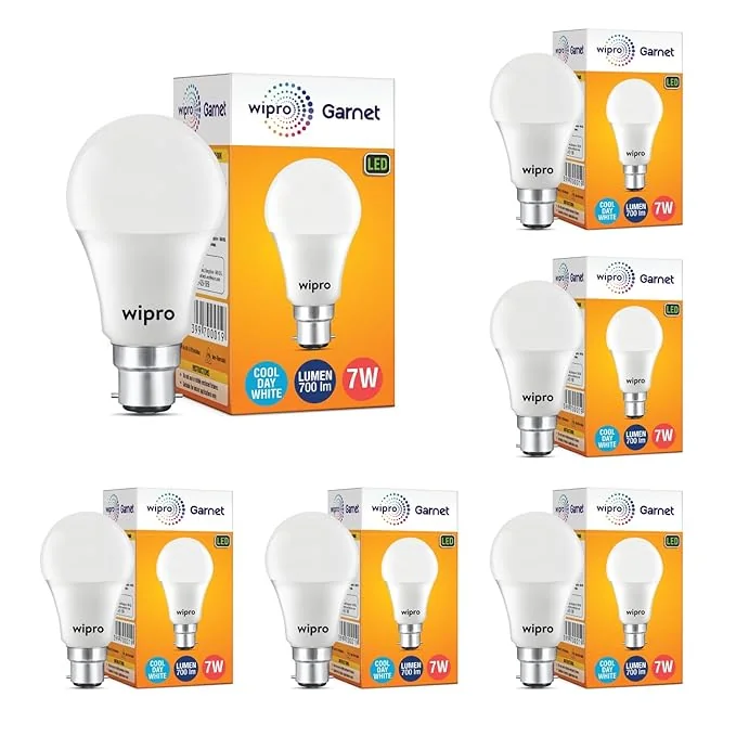 wipro Garnet 7W LED Bulb for Home & Office |Cool Day White (6500K) | B22 Base|220 degree Light coverage |4Kv Surge Protection |400V High Voltage Protection |Energy Efficient | Pack of 6