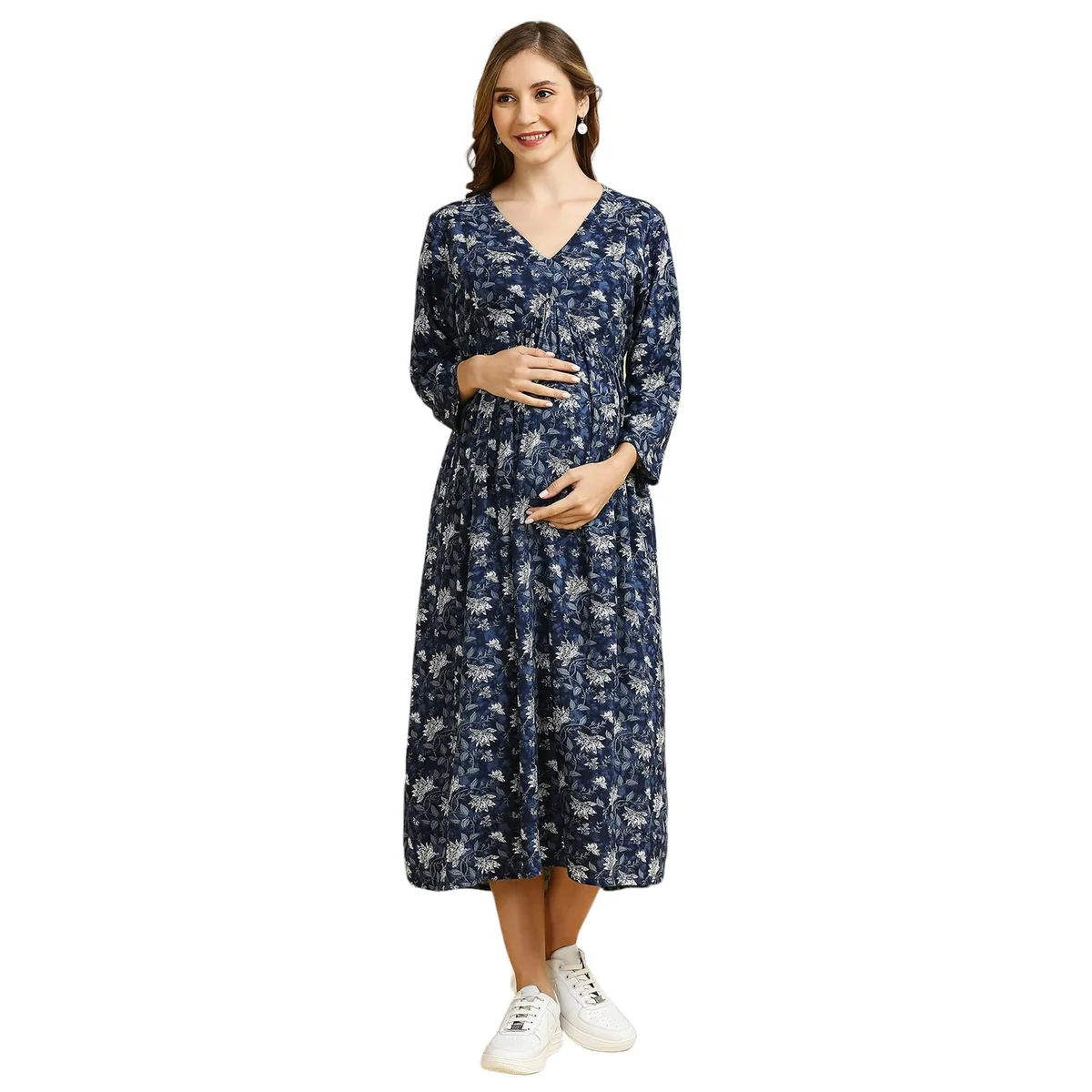Women's Fit and Flare Calf Length Rayon Maternity Dress/Pregnancy Dress/Easy Breastfeeding Dress/Western Dress with Zippers for Nursing Pre and Post Pregnancy