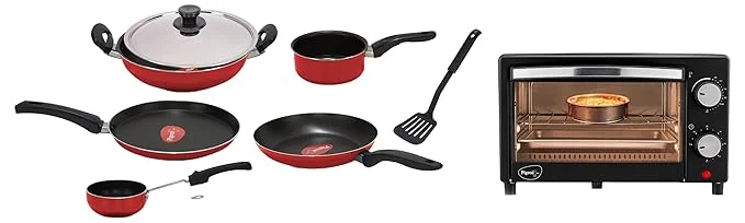 Pigeon By Stovekraft Glass Oven Toaster Grill (12381) 9 Liters (Grey) & Cookware Set Of 7 Piece, Includes Tawa 23 cm, Fry Pan 24 cm, Kadai With Lid 24 cm, And Sauce Pan (Red) - Best Price ₹2798 at Amazon