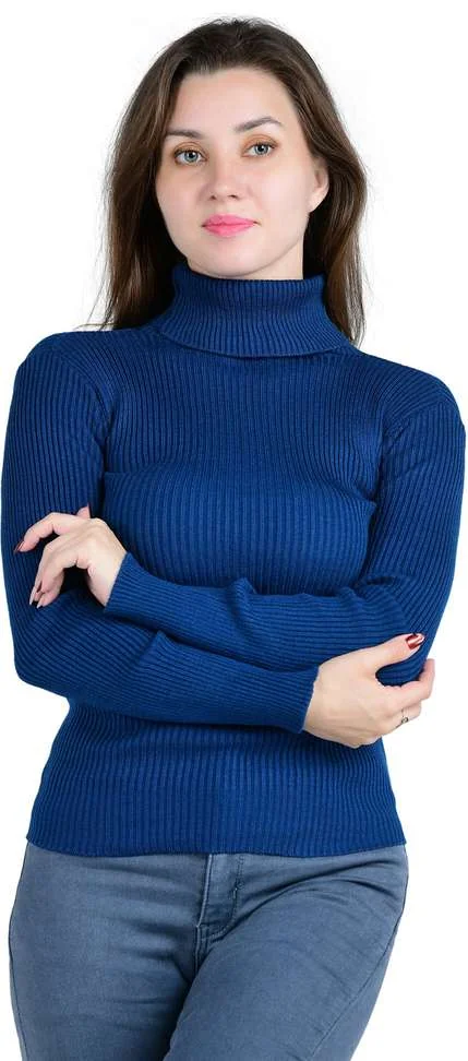 Solid High Neck Casual Women Wool Blend Blue Sweater