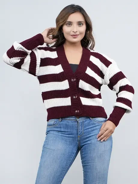 HouseOfCommon Women Striped V Neck Maroon Sweater - Best Price ₹563 at Flipkart