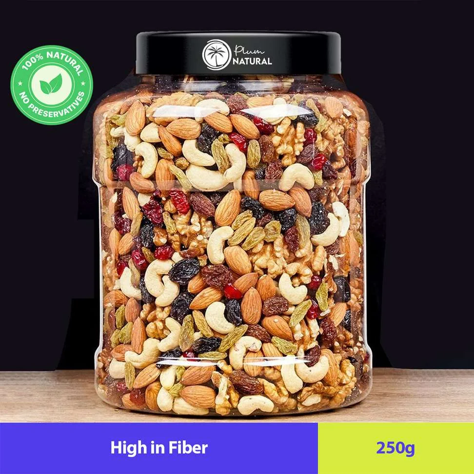 plum natural Mix Dry Fruit | Panchmeva | 250GM | JAR | Almonds, Cashews, Raisins, Dry Dates, Pistachios, Figs, Assorted Fruits & Nuts