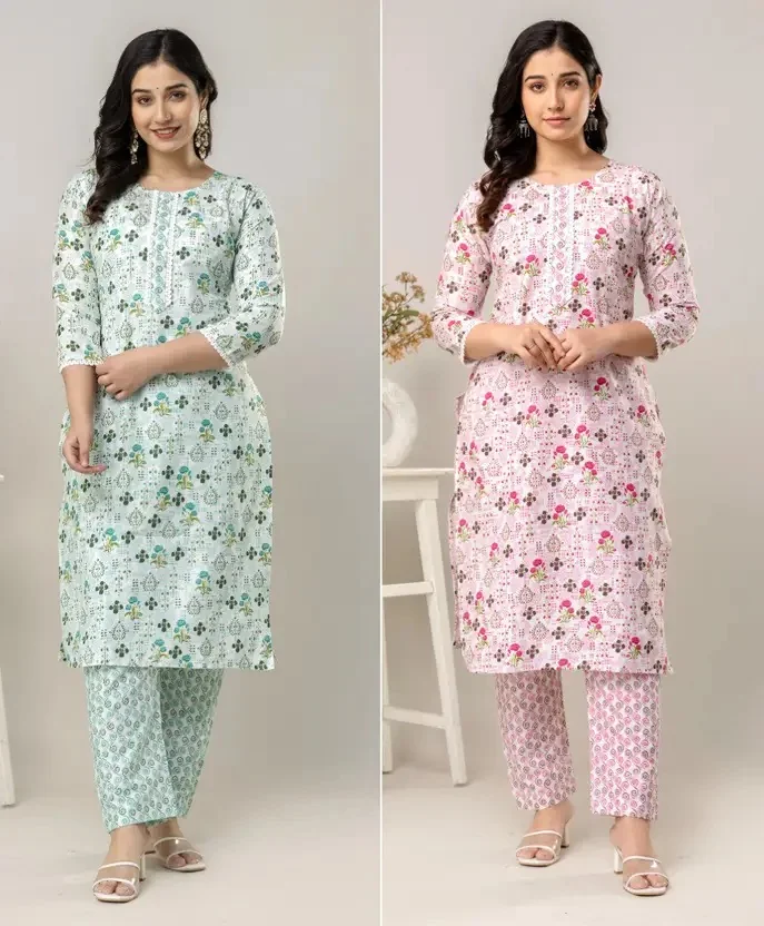 SN FASHION ATTIRE Pack of 2 Women Floral Print Cotton Blend A-line Kurta  (Pink, Green) - Best Price ₹343 at Flipkart