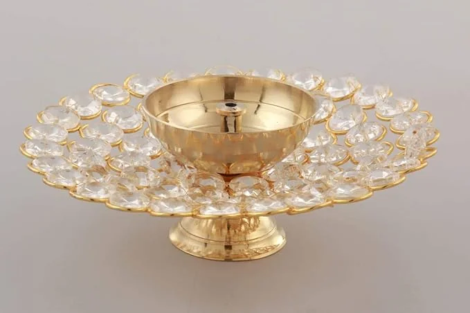 Collectible India Small Crystal Akhand Diya Brass Oil Puja Lamp for Home Office Gifts Pooja Articles Decor (Golden, 3.5 X 1.5 Inch) (DFBS144-Small) - Best Price ₹167 at Amazon