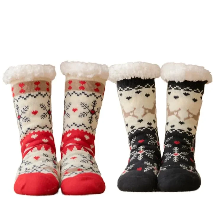 Women Men Warm Fluffy Multicolor Snowflake Fleece Knit Slippers - Soft, Warm, Thick, And Perfect For Winter Thermals Regular Socks (Pack Of 2 | Mix Color, Design As Per Availablity)