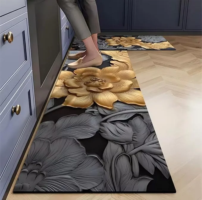 VARDHANN TRADES Anti-Fatigue Kitchen Rug Set – 2 Piece Cushioned Non-Slip Mats for Floor, Sink, Office & Laundry – Waterproof Comfort Standing Runner Rugs (Black Floral) - Best Price ₹479 at Amazon