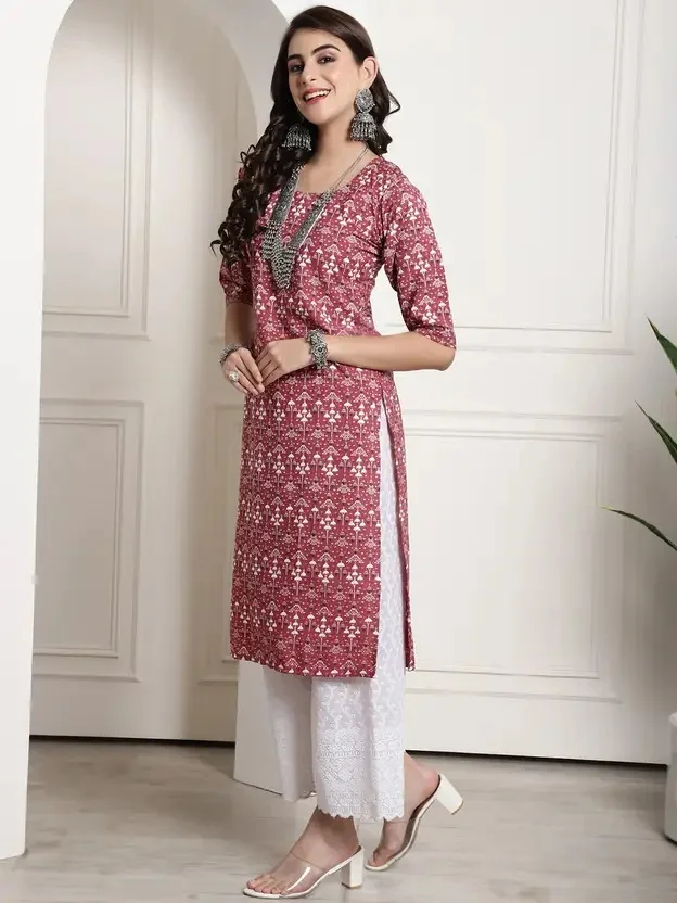EthnicBasket Women Printed Crepe Straight Kurta  (Pink)