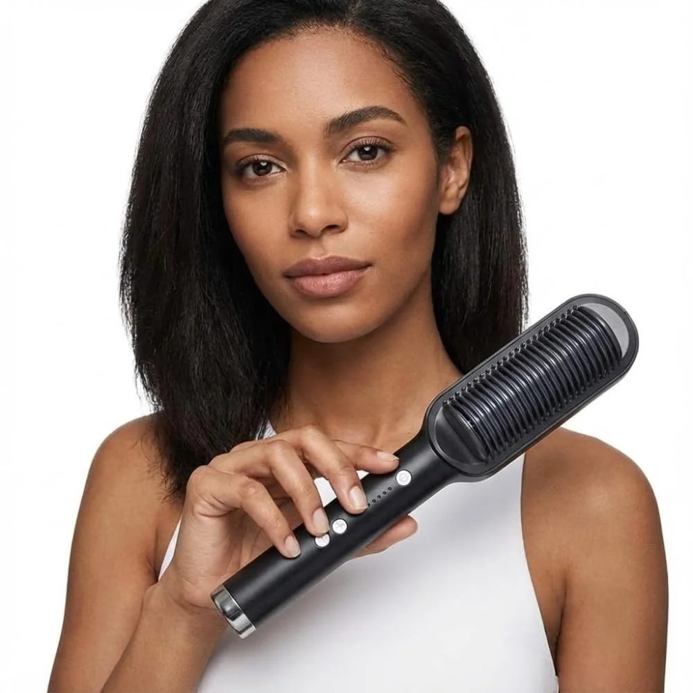 Drumstone (𝐒𝐩𝐞𝐜𝐢𝐚𝐥 𝟏𝟓 𝐘𝐞𝐚𝐫𝐬 𝐖𝐚𝐫𝐫𝐚𝐧𝐭𝐲) Electric Hair Straightening Brush & Comb 2-in-1, PTC Heated Smoothing Hair Styler, Anti-Frizz Detangling Brush for Men, Women, Travel,