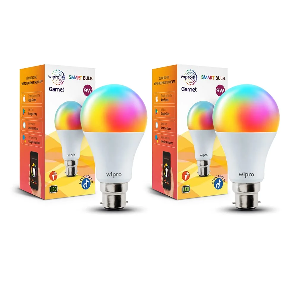wipro 9-Watt B22 WiFi Smart LED Bulb with Music Sync (16 Million Colours + Warm White/Neutral White/White) (Compatible with Amazon Alexa and Google Assistant), Standard (NS9400)(Pack of 2)