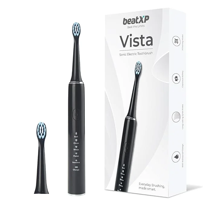 beatXP Vista Sonic Electric Toothbrush for Adults with 2 Brush Heads & 5 Cleaning Modes | Rechargeable Electric Toothbrush | 30000 strokes/min with Long Battery Life (Black, Free Size) - Best Price ₹755 at Amazon