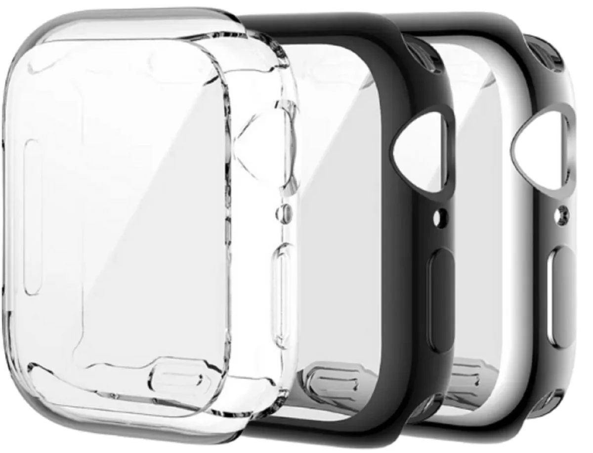 FOLX FAB108 Silicone Case Cover with Screen Protector Guard Compatible with Apple iWatch Series 8 7 6 5 4 3 2 1 SE SE2 for Men Women Unisex (42MM, Transparent/Black/Silver [ Combo Pack of 3 ])