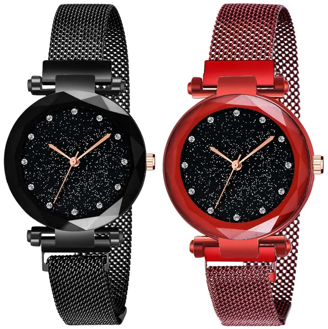 Premium Black Round Dial 6 Colors with Latest Generation Magnet Belt Analogue Watch for Women Pack of - 2