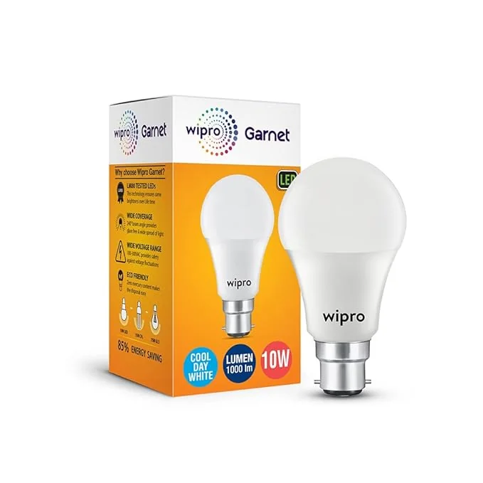 wipro Garnet 10W LED Bulb for Home & Office |Cool Day White (6500K) | B22 Base|220 degree Light coverage |4Kv Surge Protection |400V High Voltage Protection |Energy Efficient | Pack of 1 - Best Price ₹56 at Amazon