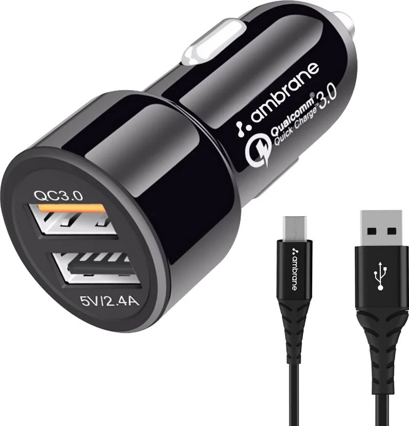 Ambrane 27 W Qualcomm Certified Turbo Car Charger  (Black, With USB Cable)