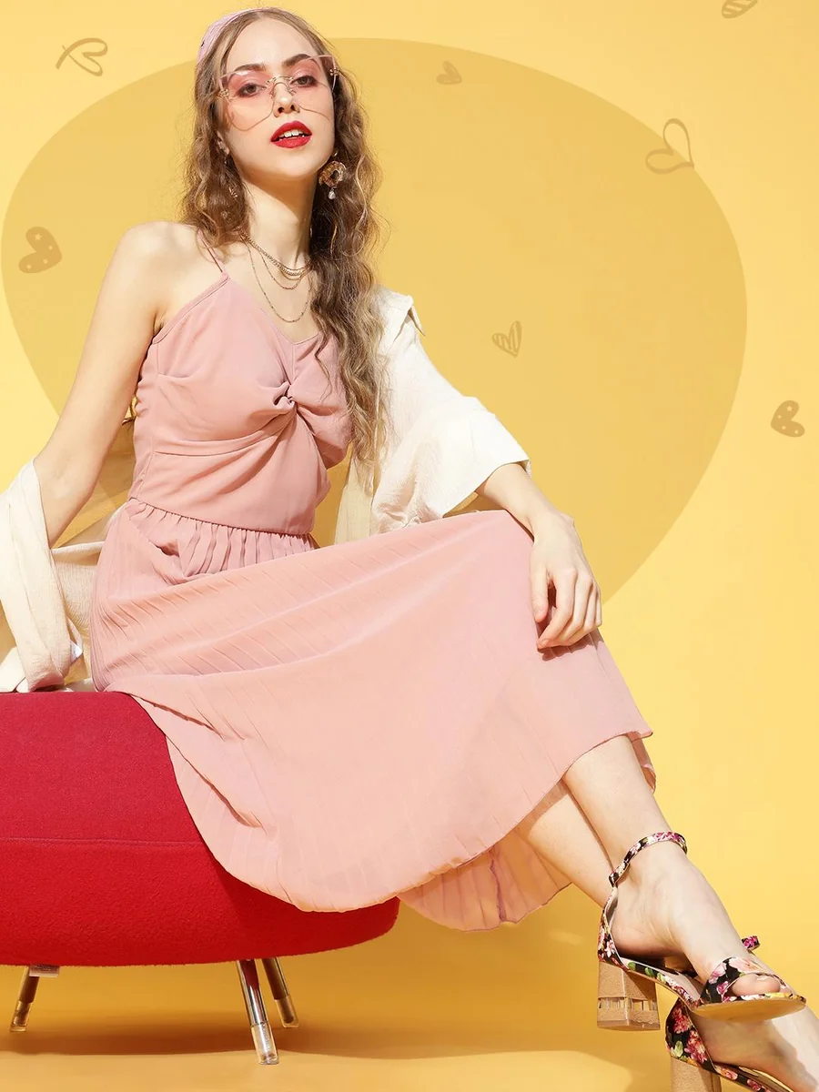 plusS Peach Solid Pleated Dress - Best Price ₹2799 at Myntra